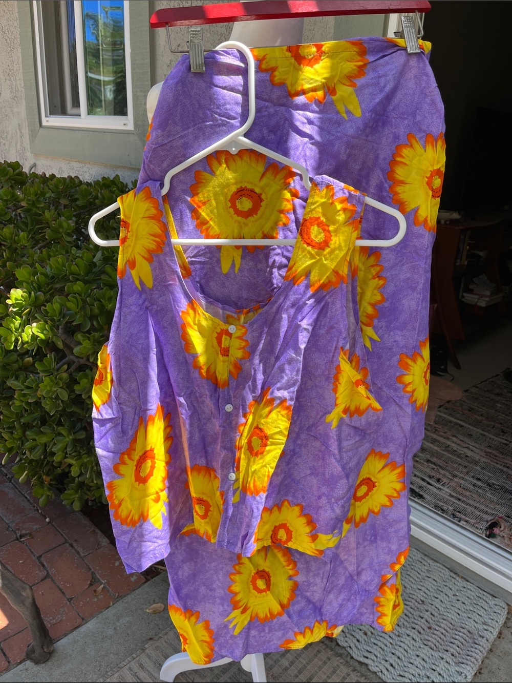 Sunflower Print Purple Wrap Skirt and Tank Top Size M/L